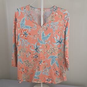 Ruby Rd. Coastal V-Neck 3/4 Sleeve Pullover Knit Beaded Stretch Blouse XL